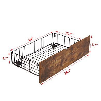 Pnronnc Queen Metal Platform Bed Frame with 2 Drawers Charging Station Wooden Storage Rack Headboard