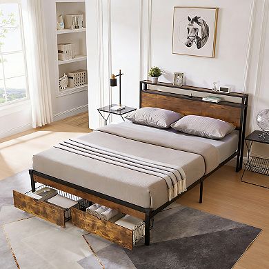 Pnronnc Queen Metal Platform Bed Frame with 2 Drawers Charging Station Wooden Storage Rack Headboard