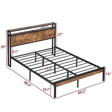 Pnronnc Queen Metal Platform Bed Frame with 2 Drawers Charging Station Wooden Storage Rack Headboard
