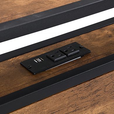 Pnronnc Queen Metal Platform Bed Frame with 2 Drawers Charging Station Wooden Storage Rack Headboard