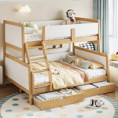 Pnronnc Wooden Bunk Bed Frame Convertible Daybed with Storage Drawers and Guardrails