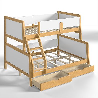 Pnronnc Wooden Bunk Bed Frame Convertible Daybed with Storage Drawers and Guardrails