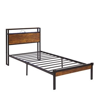 Pnronnc Metal Platform Bed Frame with LED and Charging Station Wooden Headboard Footboard