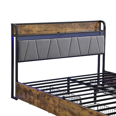Pnronnc Platform Bed Frame Metal Storage Bed with LED Charging Station Headboard Under-Bed Drawers