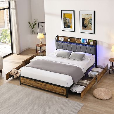 Pnronnc Platform Bed Frame Metal Storage Bed with LED Charging Station Headboard Under-Bed Drawers
