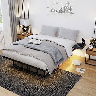 Pnronnc Metal Platform Bed Frame w/2 Boards LED Lighting Metal Slats Support Underbed Storage Space