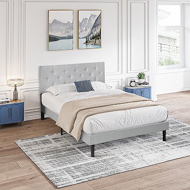 Pnronnc Upholstered Platform Bed Frame with Button Tufted Linen Headboard Wood Slats Support