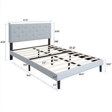 Pnronnc Upholstered Platform Bed Frame with Button Tufted Linen Headboard Wood Slats Support