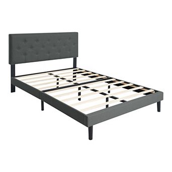 Pnronnc Upholstered Platform Bed Frame with Button Tufted Linen Headboard Wood Slats Support