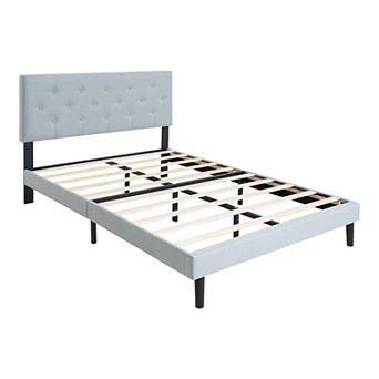 Pnronnc Upholstered Platform Bed Frame with Button Tufted Linen Headboard Wood Slats Support