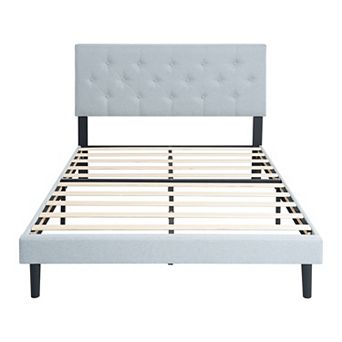 Pnronnc Upholstered Platform Bed Frame with Button Tufted Linen Headboard Wood Slats Support