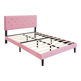 Pnronnc Upholstered Platform Bed Frame with Button Tufted Linen Headboard Wood Slats Support