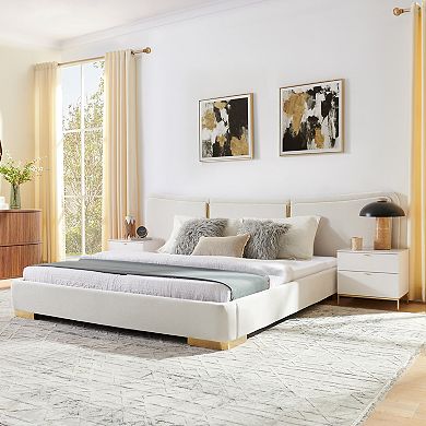 Pnronnc Chenille Upholstered Platform Bed Frame Extra Large Curved Headboard Reinforced Metal Legs