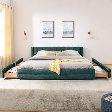 Pnronnc Upholstered King Platform Bed Frame w/Storage Drawers Wingback Headboard Grounded Bed Frame