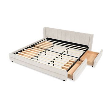 Pnronnc Upholstered King Platform Bed Frame w/Storage Drawers Wingback Headboard Grounded Bed Frame