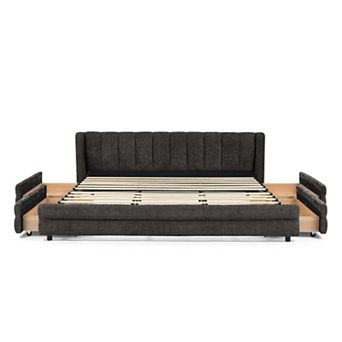 Pnronnc Upholstered King Platform Bed Frame w/Storage Drawers Wingback Headboard Grounded Bed Frame