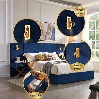 Pnronnc Upholstered Velvet Bed Frame Wingback Bed with 2 Nightstands, 2 Swivel Reading Lamps
