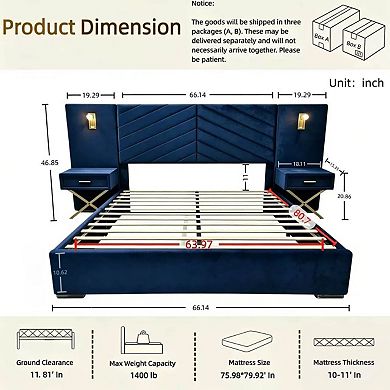 Pnronnc Upholstered Velvet Bed Frame Wingback Bed with 2 Nightstands, 2 Swivel Reading Lamps