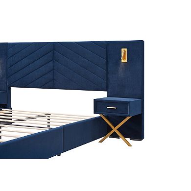 Pnronnc Upholstered Velvet Bed Frame Wingback Bed with 2 Nightstands, 2 Swivel Reading Lamps