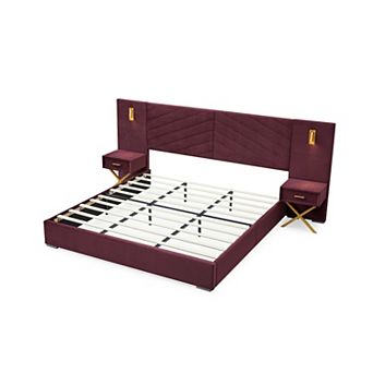 Pnronnc Upholstered Velvet Bed Frame Wingback Bed with 2 Nightstands, 2 Swivel Reading Lamps