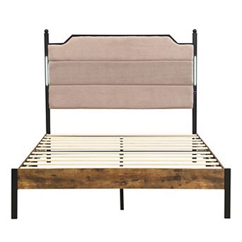 Pnronnc Metal Platform Bed Frame with USB Ports and Touch Sensitive LED Upholstered Headboard