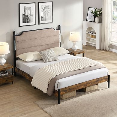 Pnronnc Metal Platform Bed Frame with USB Ports and Touch Sensitive LED Upholstered Headboard