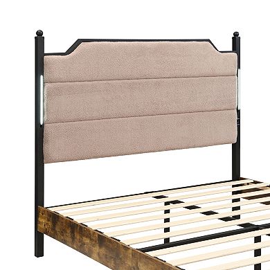 Pnronnc Metal Platform Bed Frame with USB Ports and Touch Sensitive LED Upholstered Headboard