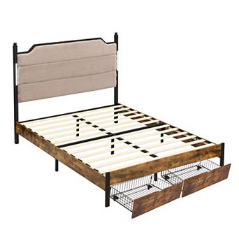 Pnronnc Platform Bed Frame with LED Lighting Charging Ports 2 Drawers Upholstered Headboard