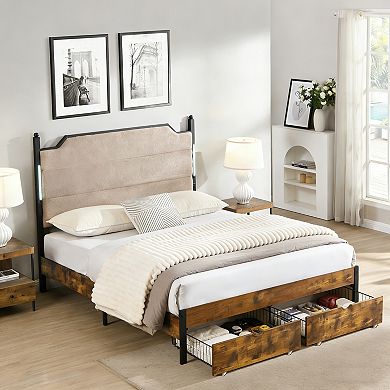 Pnronnc Platform Bed Frame with LED Lighting Charging Ports 2 Drawers Upholstered Headboard