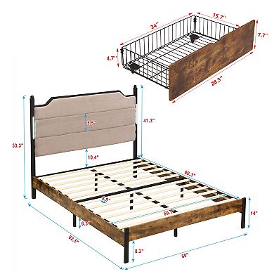 Pnronnc Platform Bed Frame with LED Lighting Charging Ports 2 Drawers Upholstered Headboard