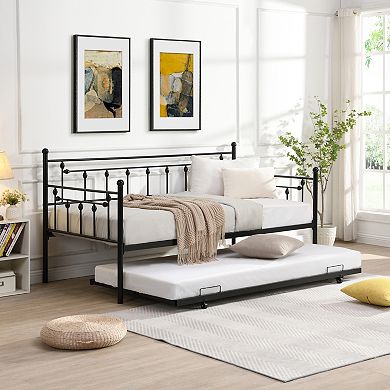 Pnronnc Twin Daybed with Pull-Out Trundle Metal Frame Sofa Bed Frame