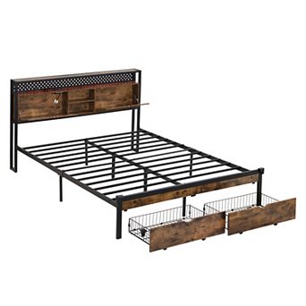 Pnronnc Metal Platform Bed Frame w/LED Charging Station Wooden Private Storage Headboard 2 Drawers