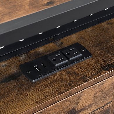 Pnronnc Metal Platform Bed Frame w/LED Charging Station Wooden Private Storage Headboard 2 Drawers