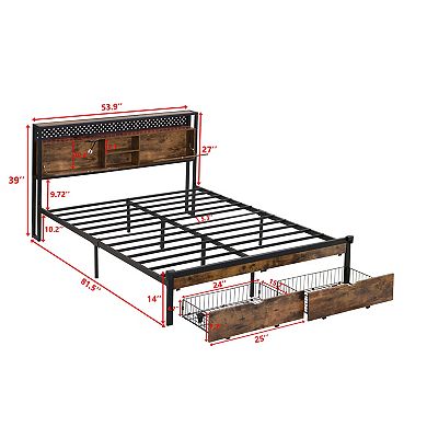 Pnronnc Metal Platform Bed Frame w/LED Charging Station Wooden Private Storage Headboard 2 Drawers