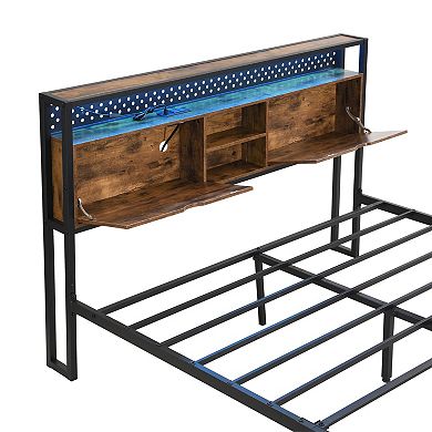 Pnronnc Metal Platform Bed Frame w/LED Charging Station Wooden Private Storage Headboard 2 Drawers