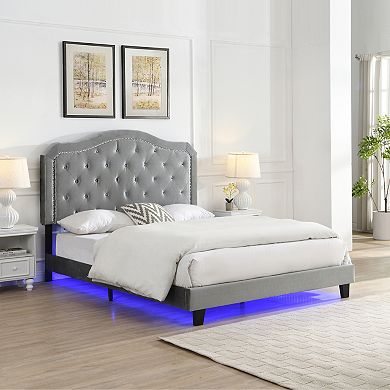 Pnronnc Upholstered Platform Bed Frame with Button Tufted Curve Rivet Trim Headboard LED Under-Bed