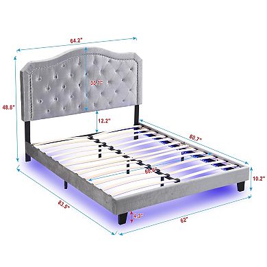 Pnronnc Upholstered Platform Bed Frame with Button Tufted Curve Rivet Trim Headboard LED Under-Bed