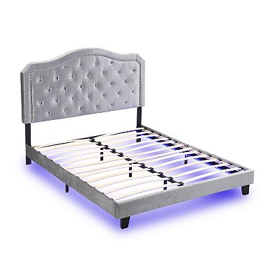 Pnronnc Upholstered Platform Bed Frame with Button Tufted Curve Rivet Trim Headboard LED Under-Bed