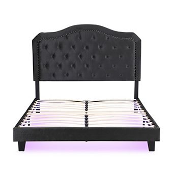 Pnronnc Upholstered Platform Bed Frame with Button Tufted Curve Rivet Trim Headboard LED Under-Bed