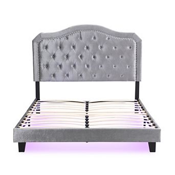 Pnronnc Upholstered Platform Bed Frame with Button Tufted Curve Rivet Trim Headboard LED Under-Bed
