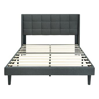 Pnronnc Linen Upholstered Platform Bed Frame with Tufted Wingback Headboard Wood Slat Support