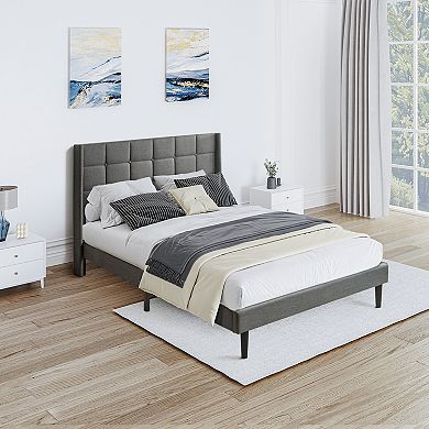 Pnronnc Linen Upholstered Platform Bed Frame with Tufted Wingback Headboard Wood Slat Support