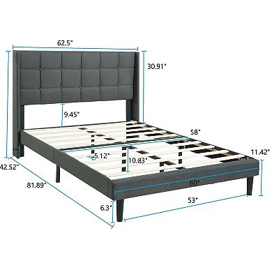Pnronnc Linen Upholstered Platform Bed Frame with Tufted Wingback Headboard Wood Slat Support