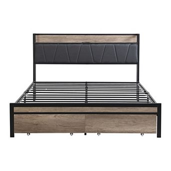Pnronnc Metal Platform Bed Frame with Charging Station Upholstered Headboard Underbed 2 Drawers