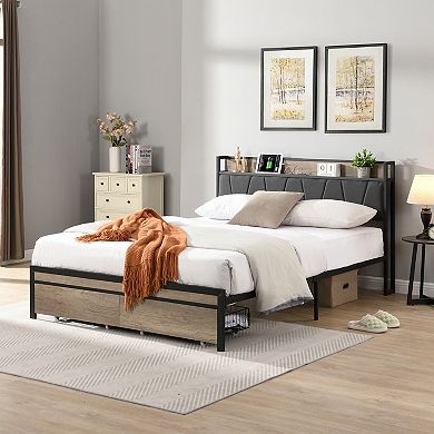 Pnronnc Metal Platform Bed Frame with Charging Station Upholstered Headboard Underbed 2 Drawers