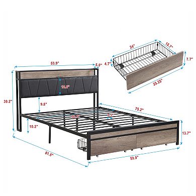 Pnronnc Metal Platform Bed Frame with Charging Station Upholstered Headboard Underbed 2 Drawers