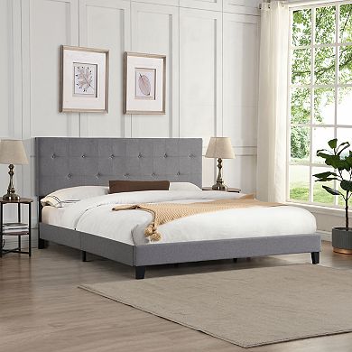 Pnronnc King Linen Upholstered Platform Bed Frame with Button Tufted Headboard