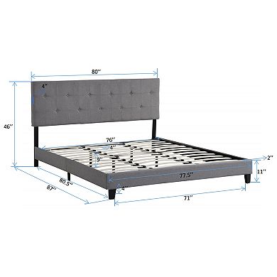 Pnronnc King Linen Upholstered Platform Bed Frame with Button Tufted Headboard