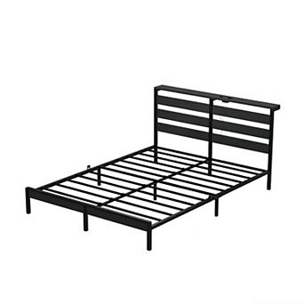 Pnronnc Full Platform Bed Frame with LED Charging Station Wooden Headboard Metal Frame Support