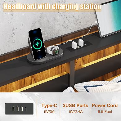 Pnronnc Full Platform Bed Frame with LED Charging Station Wooden Headboard Metal Frame Support